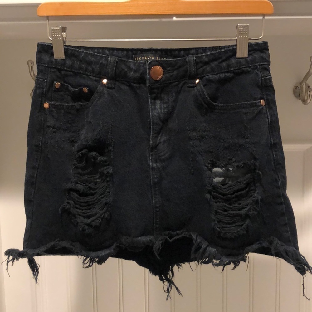 Black Denim Skirt! Brooklyn Karma Ripped, Distressed Denim Skirt.